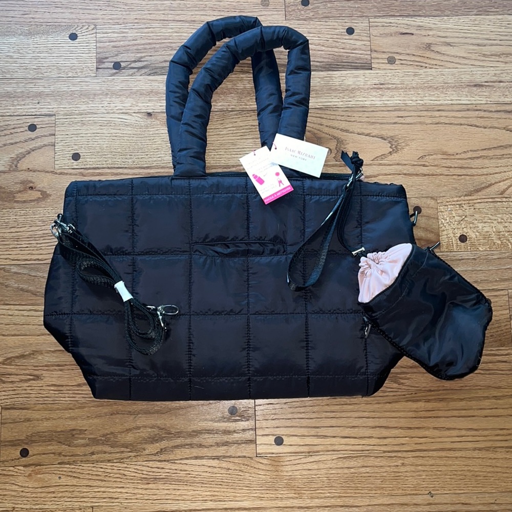 Isaac Mizrahi Black Puffer Tote Bag with Removable Water Bottle Holder